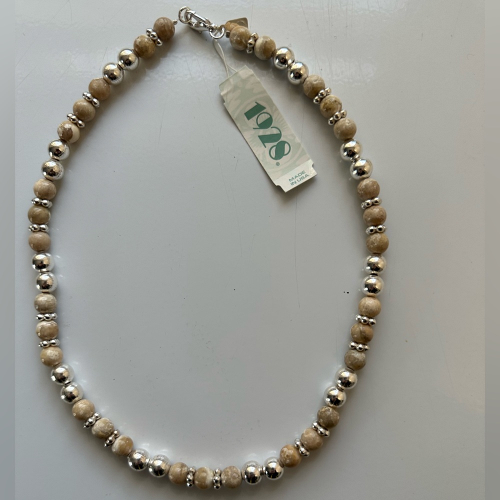 Vintage 1928 Necklace Silver and Tan Beads 18” Long NWT